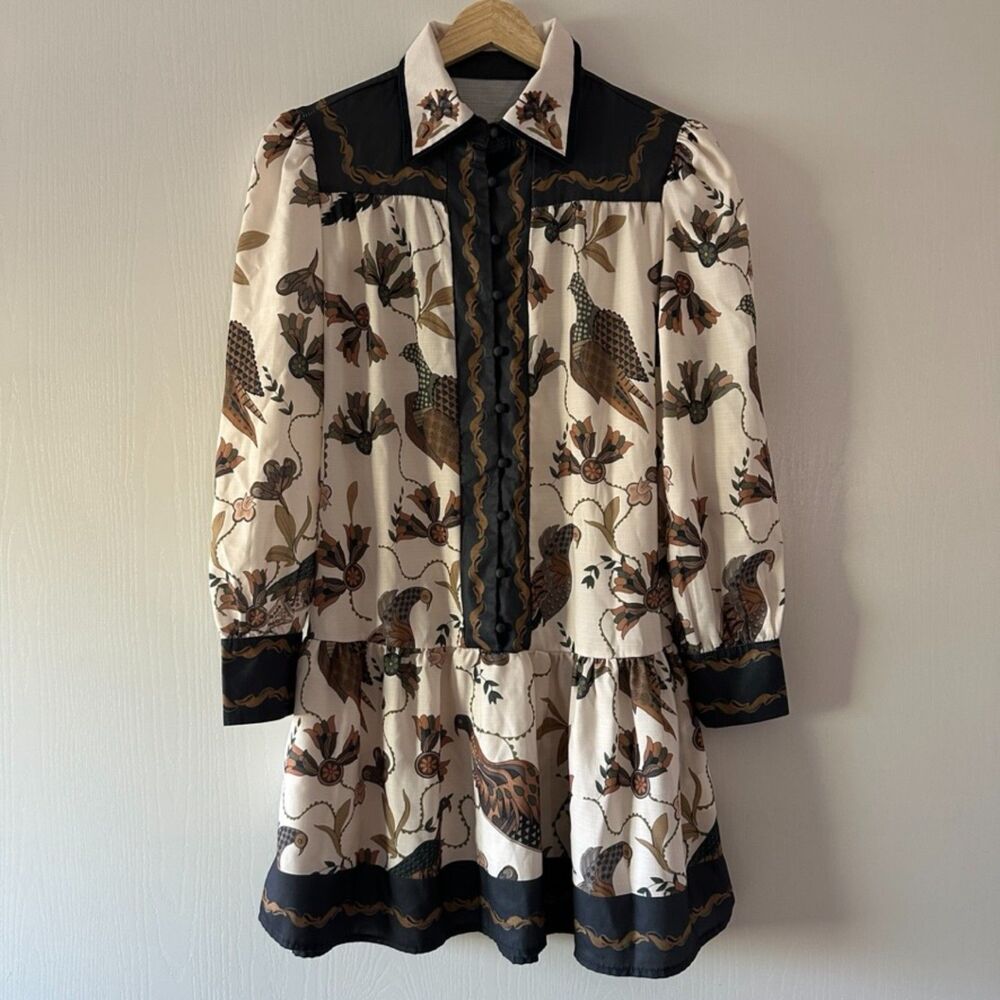 Womens Tapestry Bird Floral Print Long Sleeve Linen Blend Mini Dress‎ Size XS